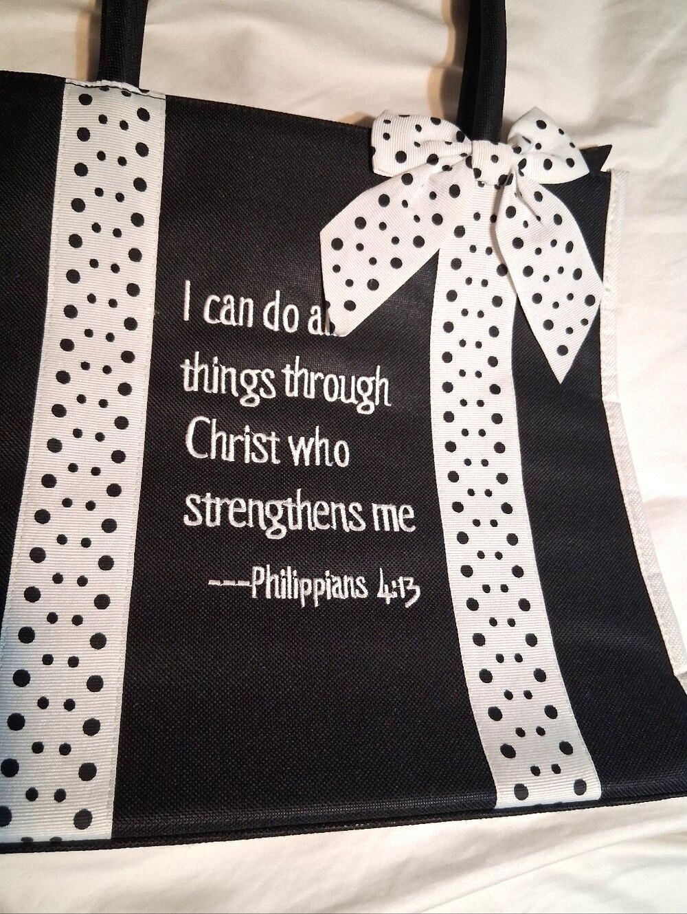 Market Black & White Polka Dot Bow Tote Bag Philippians 4:13 Scripture Verse - Picture 3 of 11